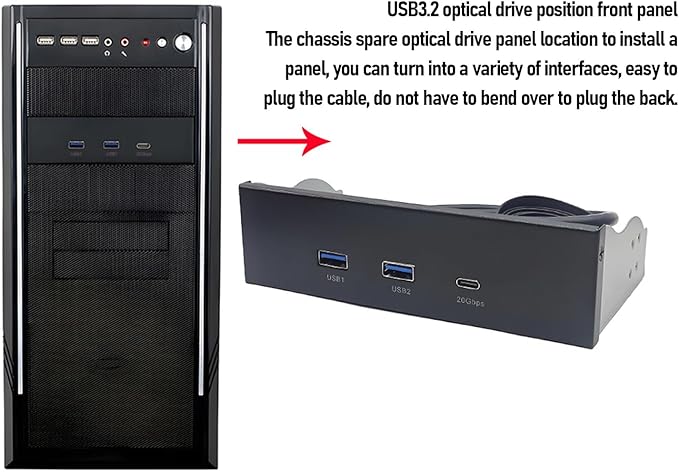 fosa 5.25 Inch Optical Drive Front Panel USB 3.0 Hub with 2X USB A &amp 1x Type C Ports 5Gbps / 10Gbps / 20Gbps for PC Motherboard 19PIN + Type E