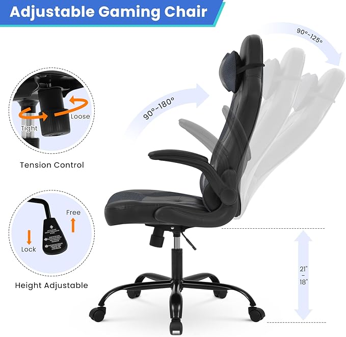 Gaming Chair PU Leather Computer Chair with Flip-up Armrest and Lumbar Support Ergonomic High Back Home Office Chair Comfy Video Game Chair for Home Bedroom Grey