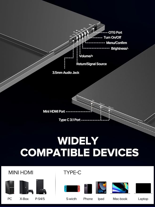 UPERFECT 24.5 2K Portable Monitor 165Hz Gaming Monitor 1ms FreeSync HDR IPS Large Mobile Screen Built-in 180° Adjustable Stand/VESA USB-C HDMI Second Screen for Laptop Phone Game Console