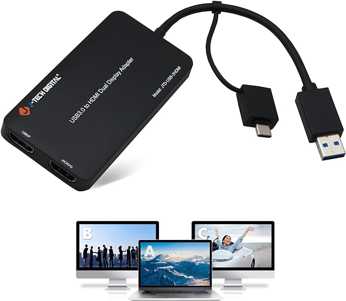 J-Tech Digital USB C to HDMI Adapter 4K 30Hz 1080P 60Hz Dual Monitor Adapter USB-A or USB-C in USB Powered Mirror Extend Rotation Clamshell Modes [JTD-USB-2HDMI]