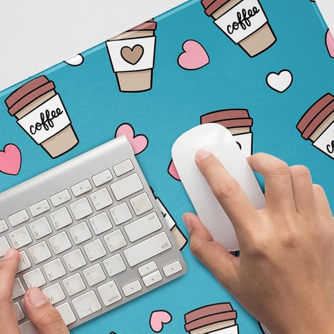 Coffee Lover Pattern Cute Travel Cups Large Gaming Mouse Pad Desk Mat with Stitched Edges Non-Slip Base