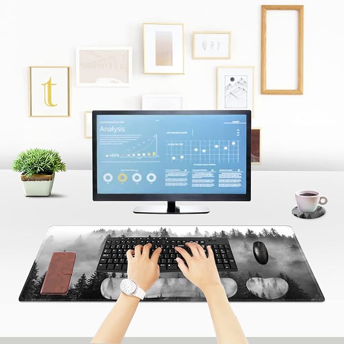 ToLuLu Extended Gaming Mouse Pad Memory Foam Ergonomic Keyboard Mouse Wrist Rest Support Set Large Desk Mat with Stitched Edges Non-Slip Base Mousepad for Home Office Game Study Tree Forests