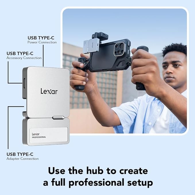 Lexar 1TB Professional Go Portable SSD w/Hub Supports Apple 4K 60fps ProRes Up to 1050MB/s USB 3.2 Rugged IP65 Ultracompact Compatible w/iPhone 15/16 (Not 17) External SSD (LSL400S001T-RNSNU)