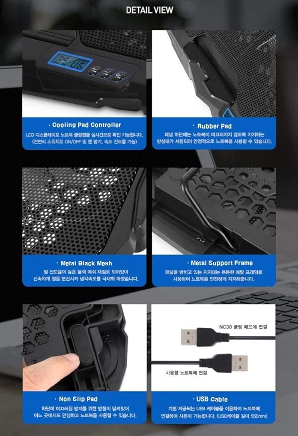 ABKO NCORE NC30 Laptop Cooling Pad Blue LED Cooling Fan Quad Fan LCD Display Fan Controller USB Powered Up to 17 Inch Non Slip Pad Black Mesh