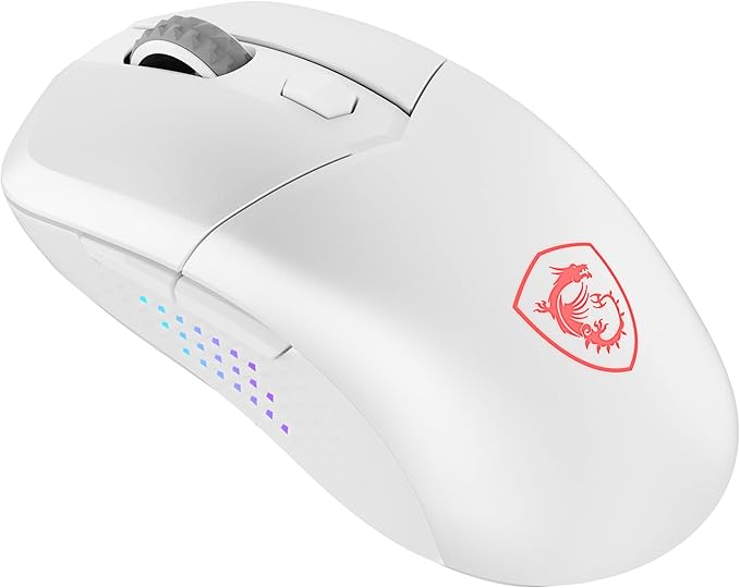 msi Versa 300 Elite Wireless White Gaming Mouse - 26000 DPI Optical Sensor 1000 Hz Polling Rate Symmetrical 60M+ Click OMRON Switches 6 Buttons 200-Hour Battery 1ms Latency RGB 65g