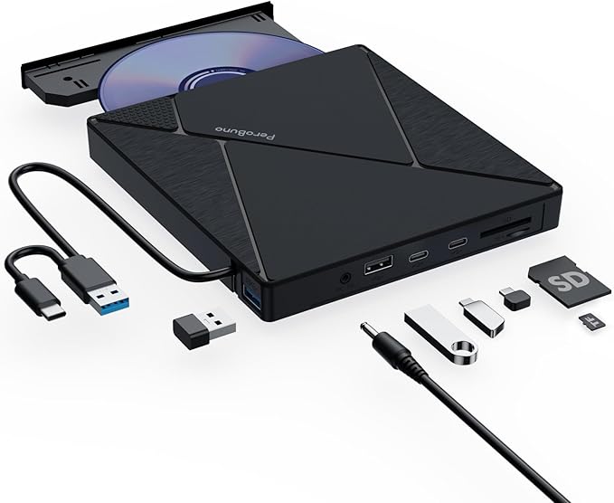 PeroBuno External CD DVD Drive USB 3.0 Optical Disc Drive 4 USB Ports and 2 TF/SD Card Slots CD DVD Burner Writer Reader Player for Laptop MacBook iMac Desktop PC Windows 11/10/8/7/XP Linux Mac OS
