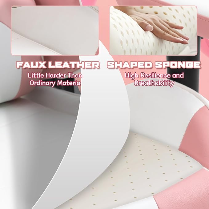 Massage Gaming Chair w/Footrest Video Racing Chair PC High Back Desk Computer Chair PU Leather Recliner w/Headrest and Lumbar Pillow Pink-White