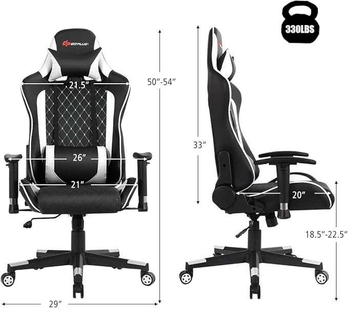 POWERSTONE Gaming Chair Gaming Recliner with Adjustable Armrest Massage Lumbar Pillow Wide Cushion Ergonomic Office Computer Chair for Adults White