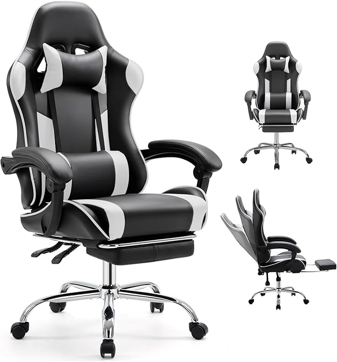 DUMOS Ergonomic Gaming Office Desk Chair with Footrest Height Adjustable 360° Swivel Computer Video Game Chair with Headrest and Lumbar Support Black White