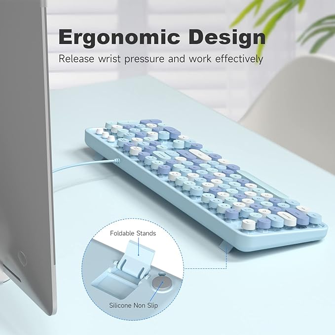 Computer Keyboard Wired Plug Play USB Retro Round Typewriter Keyboard Full Size Wired Keyboard with Foldable Stands for Laptop and Office PC - Blue Colorful