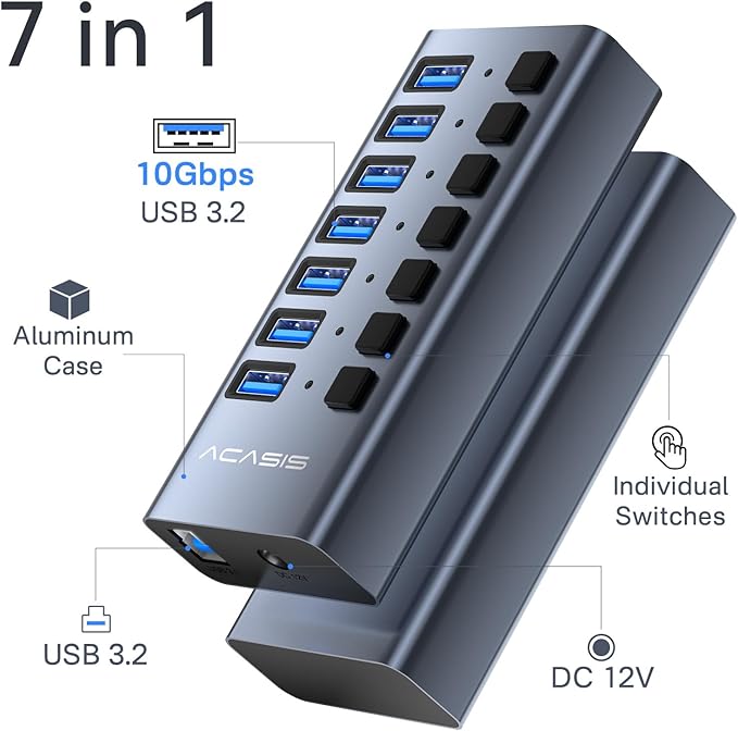 Powered USB 3.2 Hub ACASIS 7 Ports USB 3.2 Hub with 10Gbps Data Speed Aluminum Housing USB Hub Powered with 24W Power Adapter USB Hub for PC/Laptop Computer Flash Drive Printer Camera
