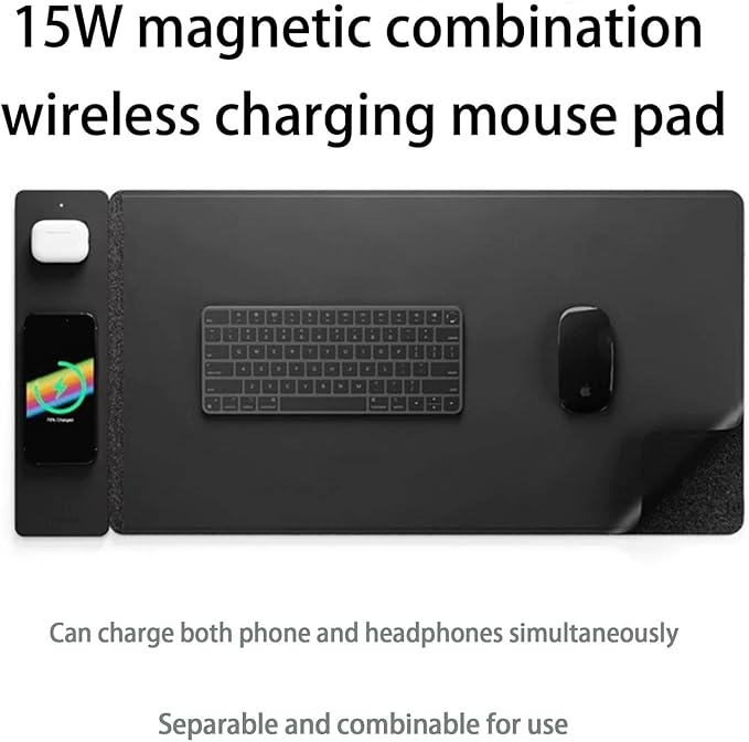 3 in 1 Wireless Charging Mouse Pad 15W Fast Charge Extended Gaming Desk Mat (78x37cm) for Keyboard and Mouse Waterproof Non-Slip Rubber Base Workstation Pad Compatible with Phone and Earbuds Black