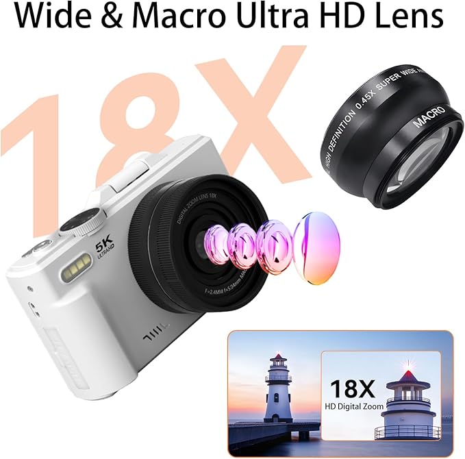5K 75MP Digital Camera 18X Digital Zoom Upgraded Vlogging Cameras with WiFi &amp Mic Wide Angle &amp Macro Lens 3 180°Flip Screen Webcam Travel Cameras for Teens Beginner with 64GB Card HDMI