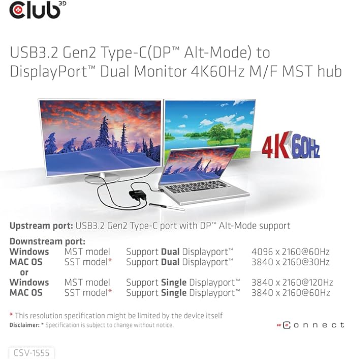 Club 3D CSV-1555 USB3.2 Gen2 Type-C(DP Alt-Mode) to DisplayPort Dual Monitor 4K60Hz M/F MST hub