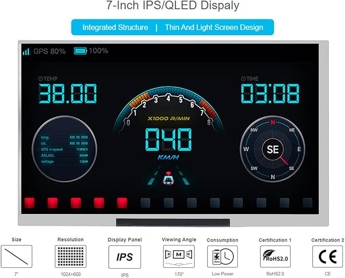 7inch IPS Display 1024x600 Pixel Integrated Thin and Light LCD with Adapter Board for Raspberry Pi/Jetson Nano/Windows/PC Support Windows/Linux/Android (No Touch Screen)