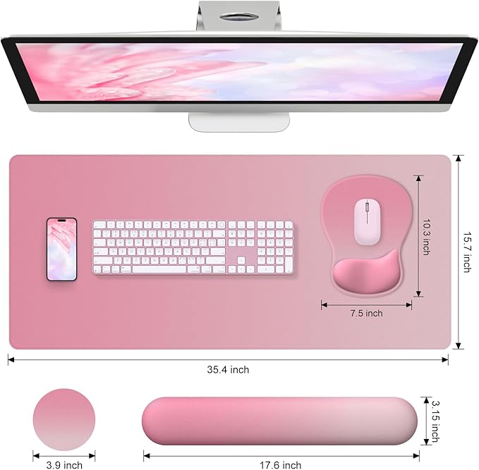 4-in-1 Large Gaming Mouse Pad Keyboard Wrist Rest Pad &amp Wrist Support Mousepad Set Extended Desk Pad Waterproof Desk Mat for Home Office Decor Study Game 35.4×15.7 Inches I Gradient Pink Blush