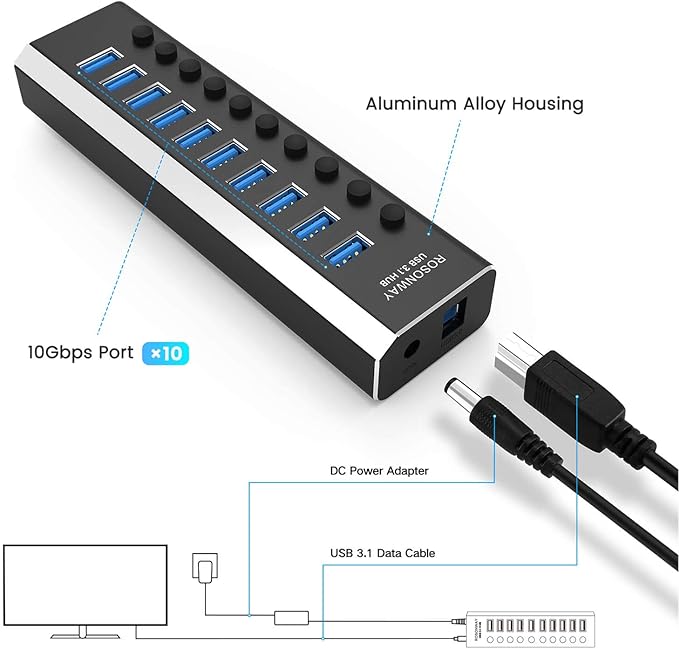 Powered USB Hub Rosonway 10 Port USB 3.1/3.2 Gen 2 Hub 10Gbps with 36W (12V/3A) Power Adapter Type A and Type C Cables Aluminum USB C Hub Splitter for PC and Laptop (RSH-A10S)