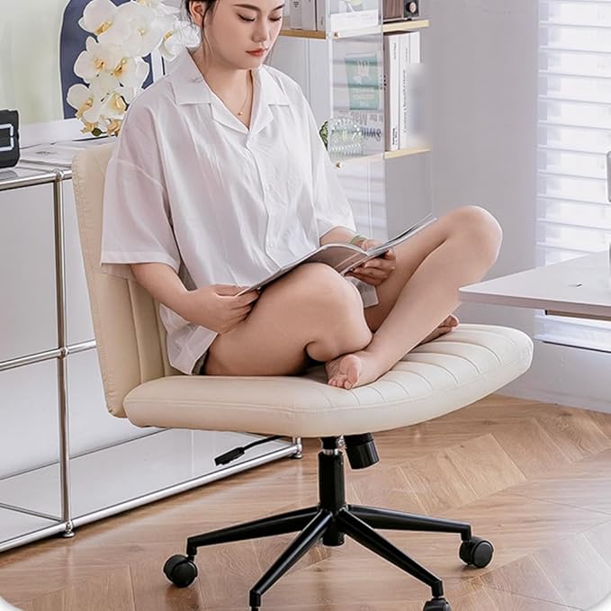 YCKEGEW Faux Leather Computer Chair Lift Swivel Chair Desk Study Chair Girls Comfortable Bedroom Chairs for Student ReadRolling Task Chair Easy Assemble(Milk Whitewith Armrest)