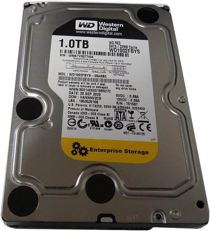 Western Digital RE3 WD1002FBYS 1TB 7200RPM 32MB Cache SATA 3.0Gb/s 3.5 Internal Hard Drive (PC Mac NAS CCTV DVR) - [Renewed] w/ 1 Year Warranty