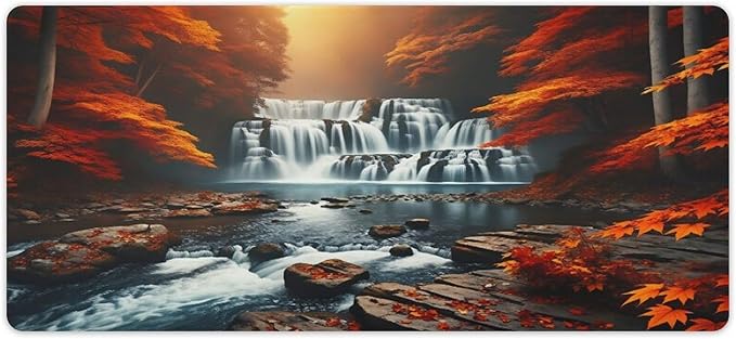 Autumn Waterfall and Colorful Foliage Desk Mat Desk Pad Large Mouse Pad Anti-Slip Big Mousepad with Stitched Edges Computer Mouse Pads for Gaming Home Office Work 16x36
