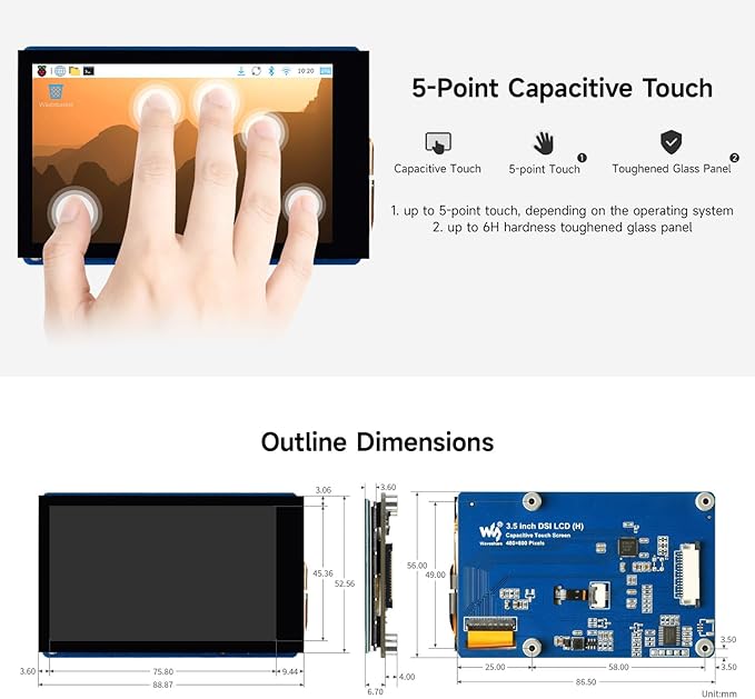 KLAYERS 3.5-inch DSI Capacitive Touch Display Compatible with Raspberry Pi480 × 800 Pixel IPS Panel