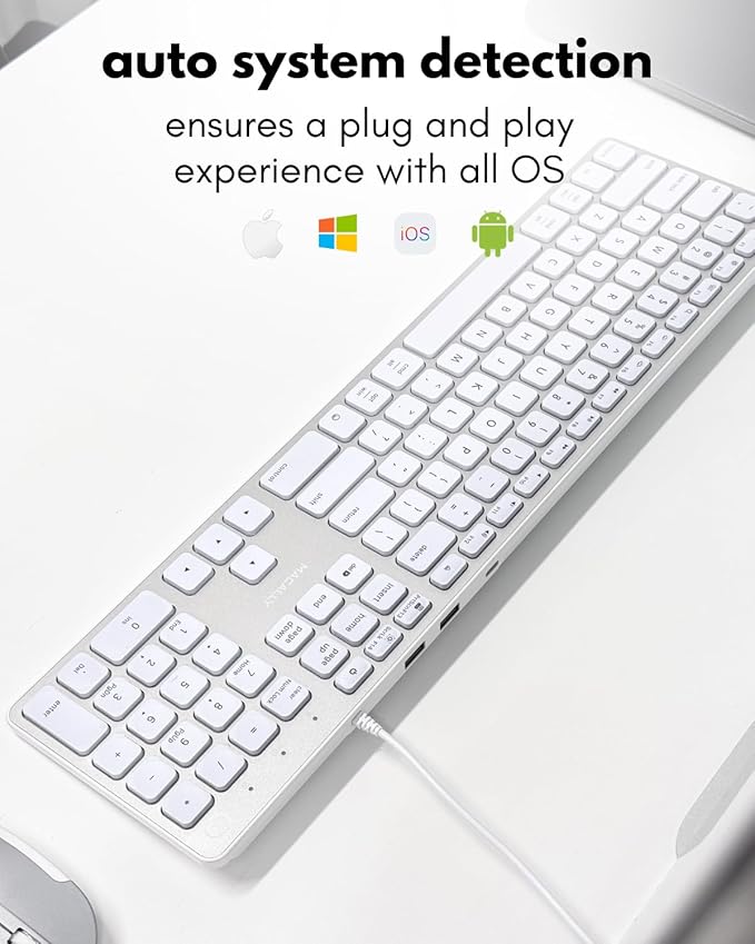 Macally Wired Keyboard for Mac with USB Hub (2X USB-A / 1x USB-C) - Compatible Backlit Apple Keyboard with Dual Interface - Auto OS Detection for Mac MacBook iMac PC Android iPad iOS - Silver