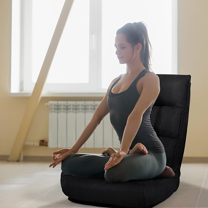 MAT EXPERT Folding Floor Chair Floor Gaming Chair w/ 4-Position Backrest 5-Position Adjustable Headrest Side Pocket Indoor Floor Chair w/Back Support for Bedroom Living Room (Black)