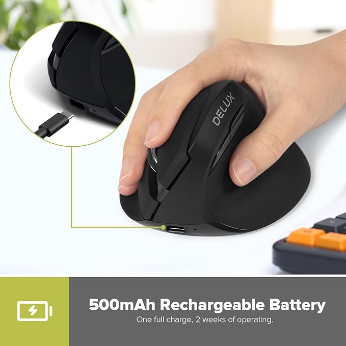 DELUX Wireless Ergonomic Mouse Vertical Mouse for Small Hands Silent Click Ergo Mouse Up to 4000 DPI 6 Buttons Rechargeable 2.4G/BT 5.2 Dual-Mode Compatible with Laptop/PC (M618MINI-Black)