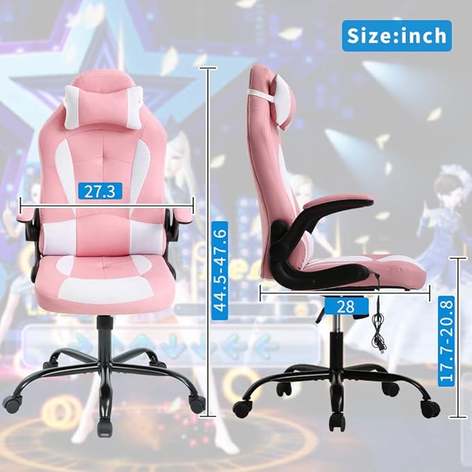 Ergonomic Gaming Office Chair - High Back Executive Computer Chair with Lumbar Support &amp Flip-Up Arms PU Leather Adjustable Swivel Chair for Women/Men Height Adjustable Massage Desk Chair (Pink)