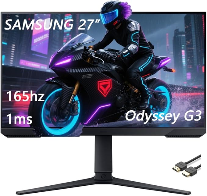 Samsung 27 Odyssey G3 Series LED Gaming Monitor FHD 165Hz 1ms Free Sync Premium Height Adjustable VESA Mount Capability DisplayPort HDMI Black with GSF HDMI Cable