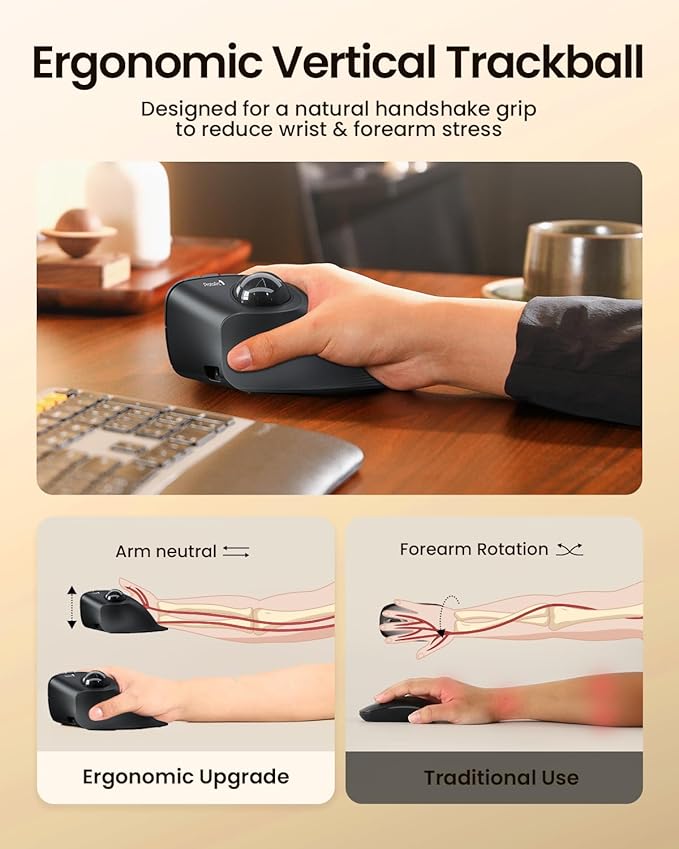 ProtoArc Vertical Wireless Trackball Mouse EM05 NL Bluetooth Ergonomic Rollerball Mouse Rechargeable Computer Laptop Thumb Mice 3 Device Connection Compatible with iPad Mac Windows PC-Gray