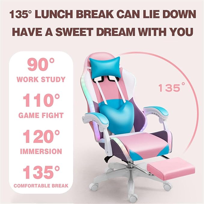 Girls Gaming Chair with Footrest Leather Video Game Chairs with Speakers and RGB Lights High Back Computer Chair with Lumbar Support and Headrest Cute Recliner Chair Office ChairPink