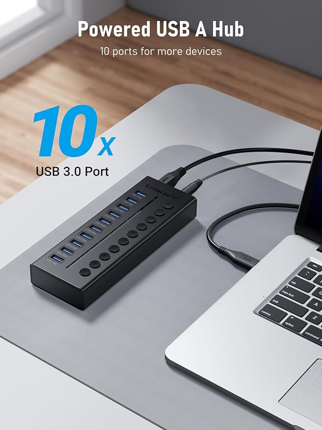 Lemorele 10-Port 24W USB3.0 Powered USB Hub with Individual LED On/Off Switches USB Splitter Support 5Gbps Data Transfer &amp 5V 0.9A Charge for Phone Power Bank TWS etc.