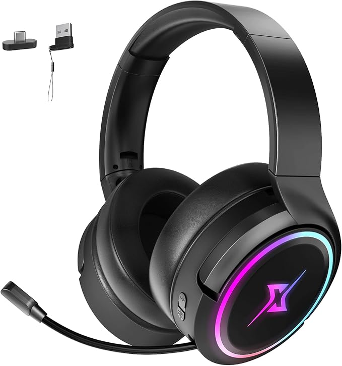 2.4G Wireless Gaming Headset for PC PS4 PS5 MacMobile- Rotatable &amp Foldable Bluetooth V5.3 Headphone-20h Battery &amp RGB Light-Memory Ear Pads-Stretchable Noise Cancelling