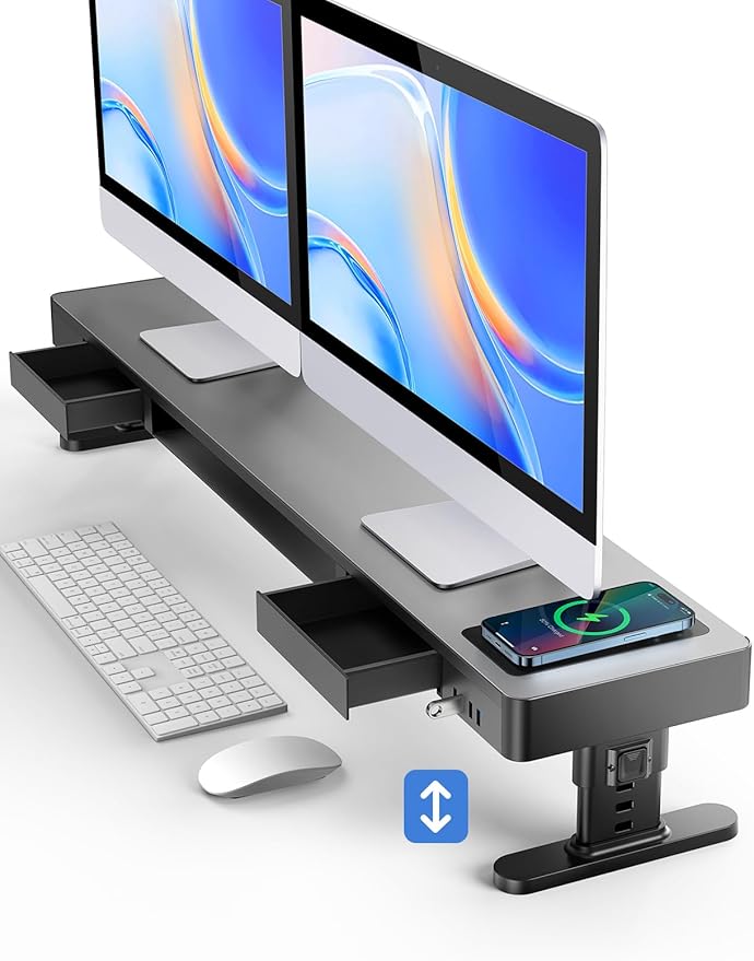 meatanty Dual Monitor Stand with 4 Adjustable Heights Auto Phone Charging Pad 4 USB Ports Computer Riser with Drawers Storage Metal Double Desk Organizer Lifter Raiser for 2 Monitors Screen Gift