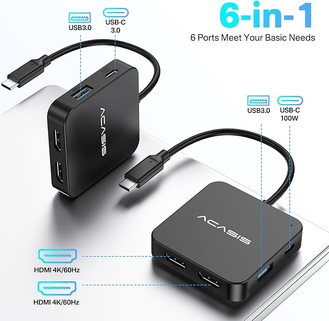 ACASIS Dual HDMI Docking Station with 100W PD Charging 5Gbps USB-C and USB-A Data Ports HDMI Hub for Dell XPS/HP/Lenovo/Surface/Yoga