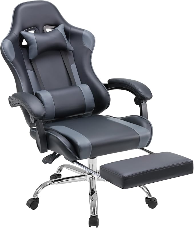 DUMOS Gaming Office Desk Chair with Footrest and Headrest for Adults PU Leather Ergonomic Video Computer Chair with Linkage Armrests Height Adjustable 360° Swivel Recling Chair New Grey