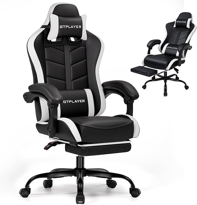 GTPLAYER Gaming Chair Ergonomic Game Computer Chairs with Foot Rest for Adults Adjustable PC Game Chair with Reclining Function and Comfortable Headrest for Home and Office Use (White)