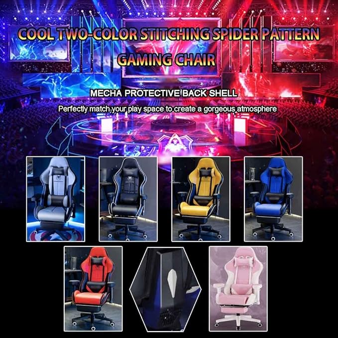 Gaming Chair with Footrest Cool Two-Color Stitching Spider Pattern Gamer Chair 155° Reclining Swivel Lift Racing Chair Load Bearing 190kg/418.9lbs (Color : Gray-Black Size : 121-131 * 50cm)