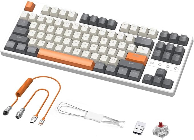 ZIYOU LANG K87 TKL Hot Swappable Wireless Mechanical Gaming Keyboard with Custom Coiled USB C Cable Triple Mode 2.4Ghz/Bluetooth 5.0/Wired Red Switches 20 RGB Backlit 3000mAh Battery for PC Laptop