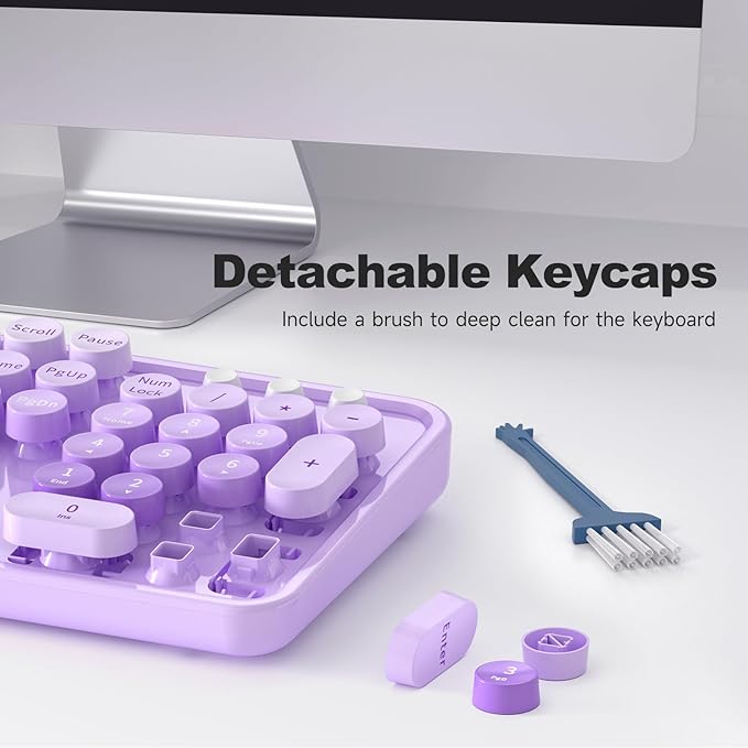 Large Print Keyboard Wired Full Size Wired Retro Round Keyboard with Foldable Stands Plug and Play for Laptop and Office PC- Purple Colorful
