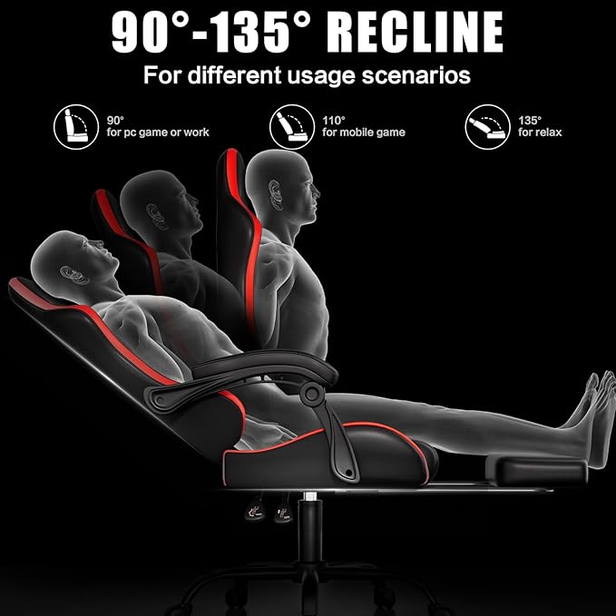 Gaming Chair Ergonomic Office Computer Chair with Footrest and Lumbar Support Massager Racing Style High Back Video Gamer Chair Wide＆Thick Cushion 90°-135° Recline Adjustable Height Red