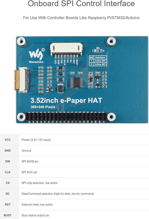 3.52inch e-Paper Display Panel HAT Resolution 360×240 Pixels with SPI Interface Paper-Like Experience Black/White