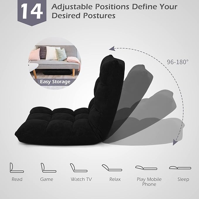 COSTWAY Adjustable Gaming Chair Video Gaming Chairs with Back Support Alloy Steel Frame Soft Coral Fleece Lazy Sofa Lounge for Reading Living Room Recliner for Adults Kids Black
