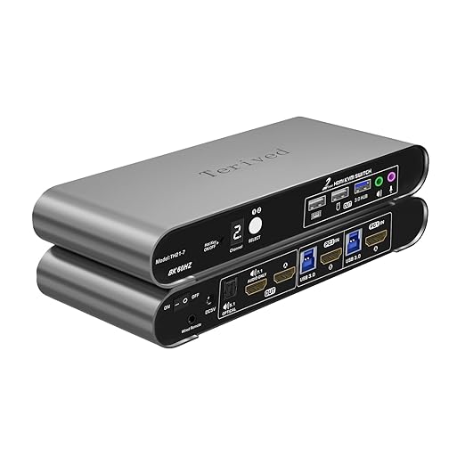 2 Computers 1 HDMI Monitor Automatic KVM Switch 8K@60Hz Hotkey Switching EDID Support 5.1/7.1 Audio and Microphone Aluminum Shell with Digital Display USB 3.0 Hub HDR10 with Cables