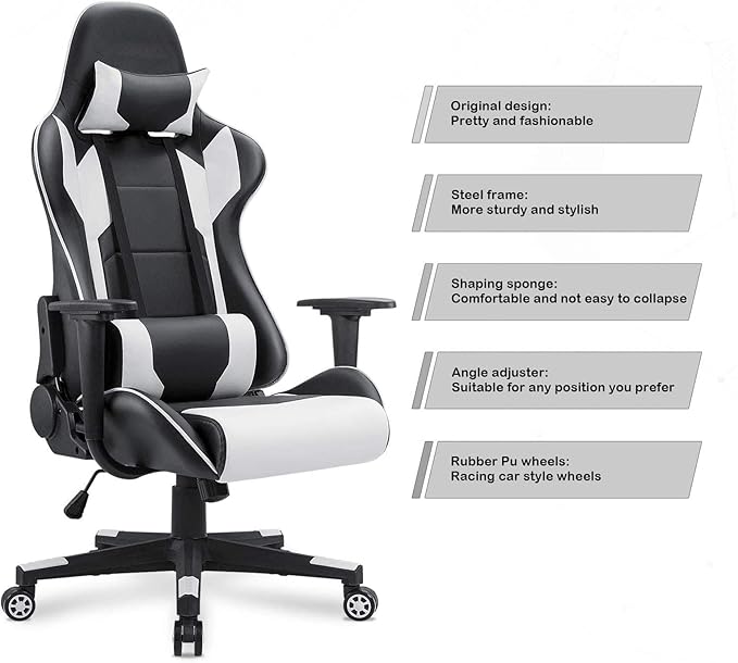 Adult Gaming Chair Ergonomic Massage Chair Modern Carbon Fiber Desk Chair Large Gaming Chair Teenage Gaming Chair (Red) White