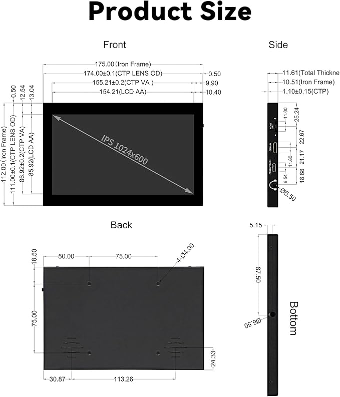 7 Inch Mini Monitor Small Monitor with Capacitive Touch Screen 1024 * 600 High Pixel Display Full View HDMI- IPS Monitors Portable for Raspberry Piscreen 、for BB Black、for Banana Pi etc