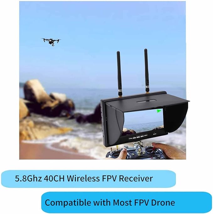 5.8Ghz FPV Receiver Monitor 7 Inch Dual Diversity Receiver with 40 Channels Auto-Scan 800x480 Resolution 600cd/m² Brightness LCD Screen for FPV Drone Racing and Outdoor Monitoring