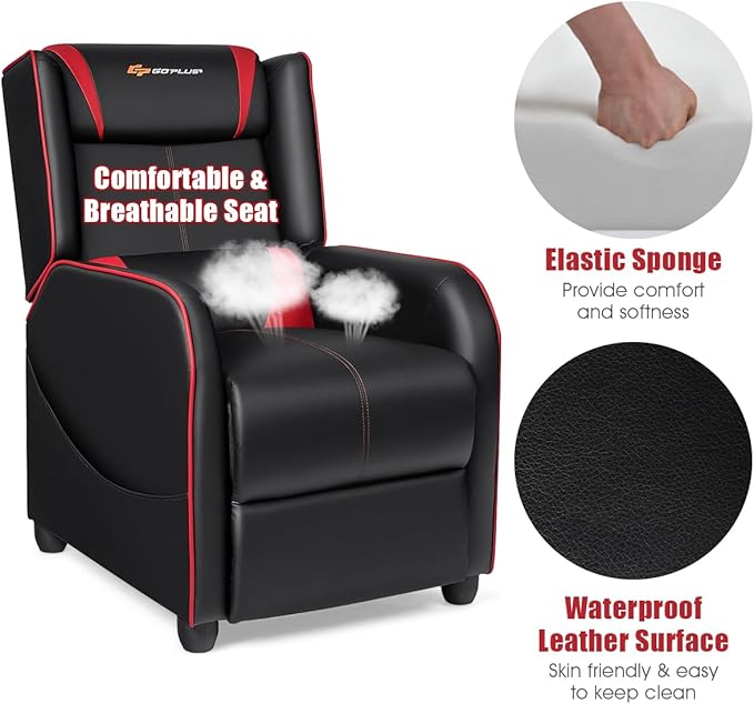 Goplus Massage Gaming Recliner Chair Racing Style PU Leather Single Recliner Sofa with Footrest Adjustable Modern Living Room Recliners Ergonomic Home Theater Recliner Seat (Red)