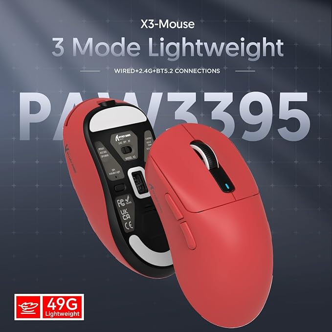 MAMBASNAKE Attack Shark X3 Wireless Gaming Mouse 49g Ultralight PixArt PAW3395 26000 DPI Bluetooth/2.4Ghz /Wired Tri-Mode 200Hrs Rechargeable Battery Kailh GM8.0 Switch for PC/MAC/Win - Red